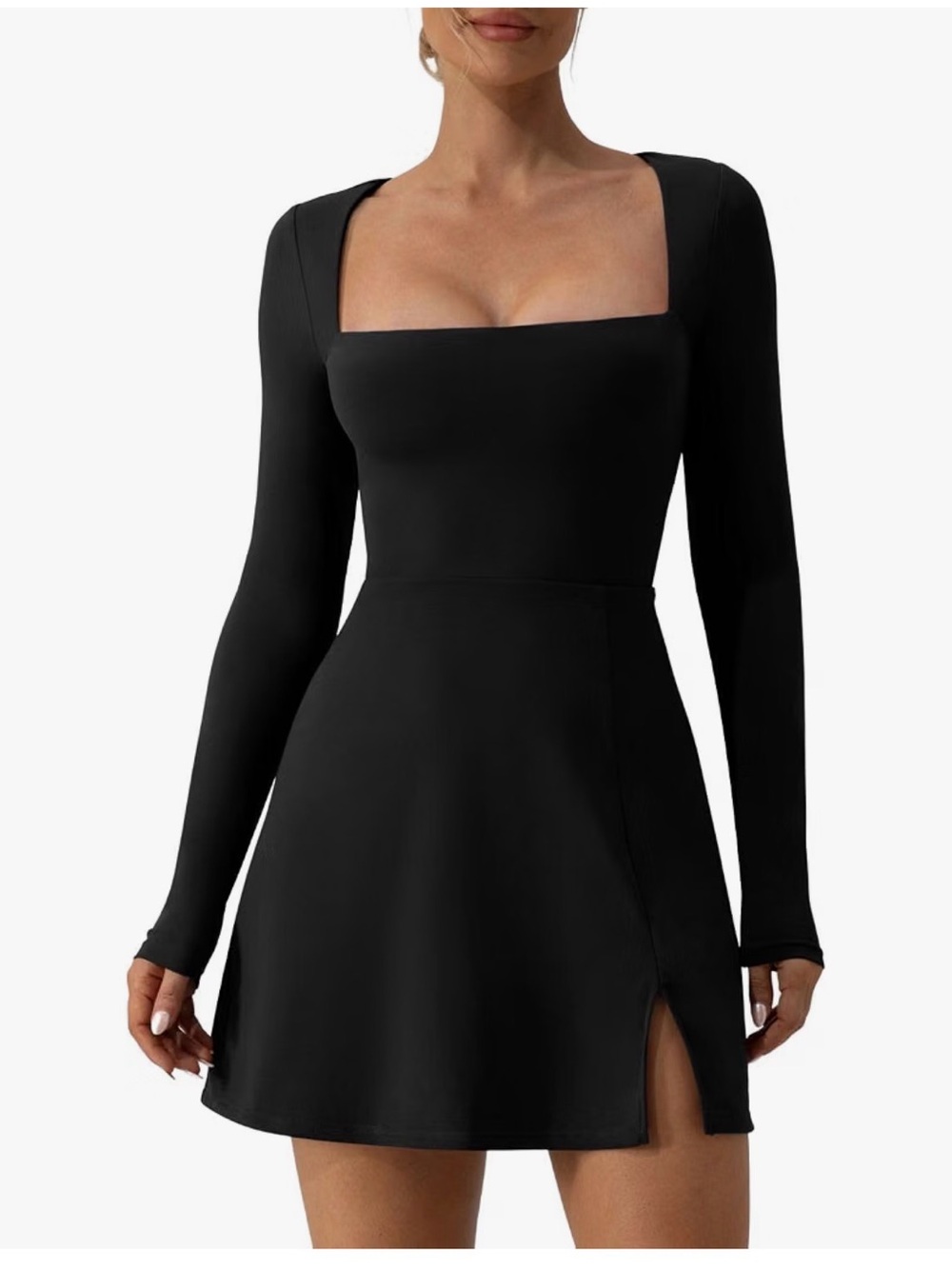 Women's Black Long-Sleeve Square Neck Mini Dress